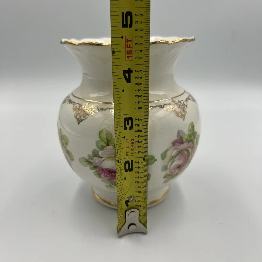 Vintage Japanese Porcelain Vase Pink Roses‎ Gold Gilt Scalloped Rim 4.75